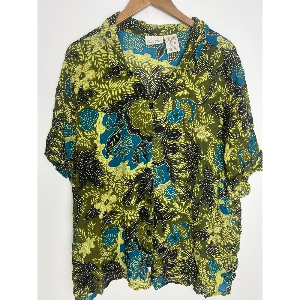 Vtg Wm 22/24 Plus Rayon Shirt Galapagos Blue Floral Batik Travel Resort Summer